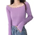 thumbnail image 2 of JDQJBZ Summer Womens Tops,Tops For Women Trendy Ruffle Slim Off Shoulder Crop Knit Long Sleeve Top For Spring Summer, 2 of 5