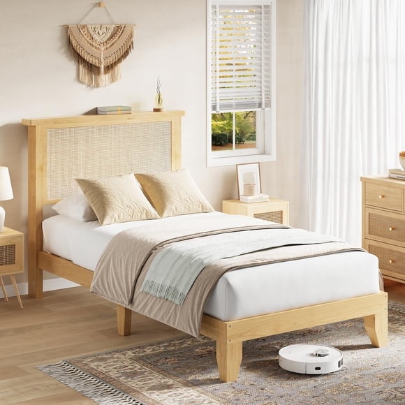 Boho Twin Grass Rattan Platform Bed Frame, MDF Natural Rattan Wood Slat Support Noise-Free Easy Assembly Bedroom Furniture No Box Spring