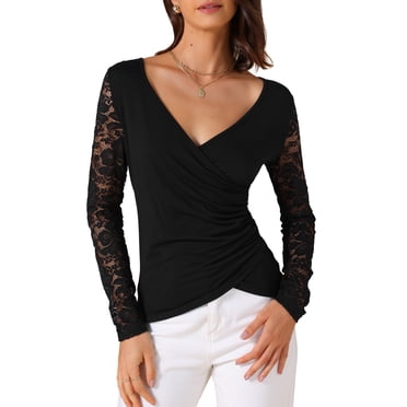 INSPIRE CHIC Blouse Décontractée pour Femme à Fleurs, Col en V, Ajustée, en Dentelle et Maille, Manches Longues, G Noir