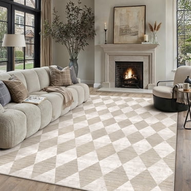 BERTHMEER 8'x10' Area Rugs for Living Room Modern Rhombus Checkered Rug Dining Room Bedroom Kitchen Non Slip Washable Farmhouse Office Geometric Contemporary Tapis Rugs Carpets,Beige