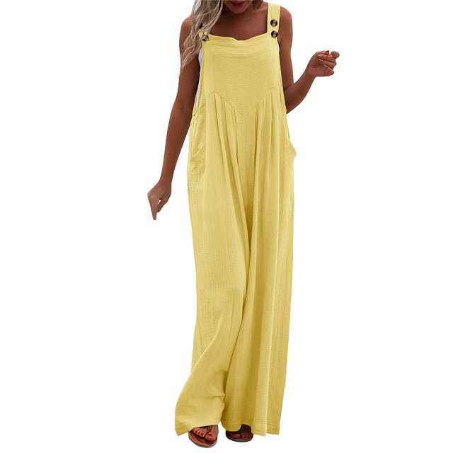 TrendOFT Womens Casual Summer Jumpsuit Loose Spaghetti Strap Solid Button Pocket Rompers For Women One Piece Overalls Yellow L