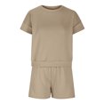 thumbnail image 4 of Mikilon Ensemble de Sport Confortable pour Femmes Couleur Unie Nouvelle Mode Décontractée Haut à Manches Longues et Short Ensemble de Haut/chemise à Col Rond à Manches Courtes Kaki S, 4 of 5