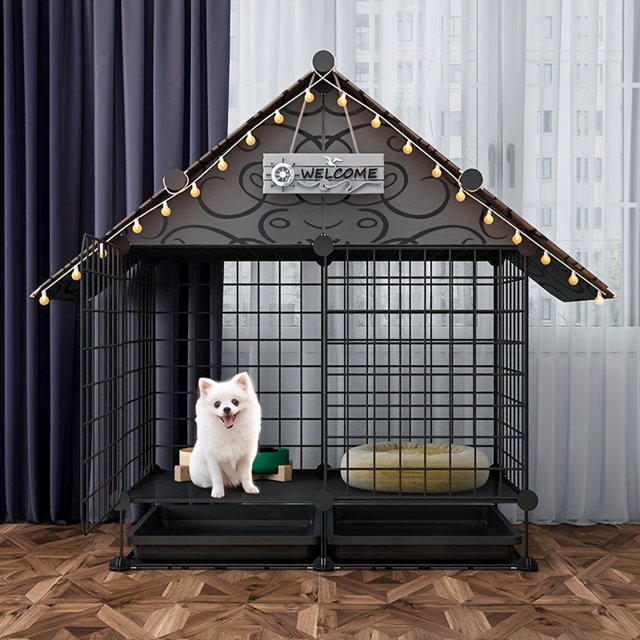 1pc Small Animal Enclosure, Cat And Dog Kennel, with tray for easy cleaning, designed for indoor use. The kennel is made of iron alloy and features a house-shaped design with a decorative roof and string lights. A white dog is shown sitting inside the enclosure, which includes a removable tray and space for bedding. Suitable for small pets.