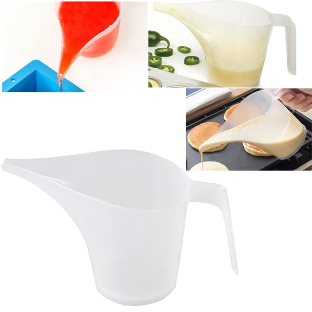 Dvkptbk Measuring Cup Tip Mouth Plastic Measuring Jug Cup for graduated cooking and kitchen use. Made of transparent plastic with a long pointed spout for precise pouring, even into small containers. Features a handle for easy grip and a clear scale for accurate measurements. Dimensions are 11.5x13.4x9.5 cm. Suitable for baking, cooking, and other kitchen tasks. Shown in use for pouring batter, liquids, and sauces.