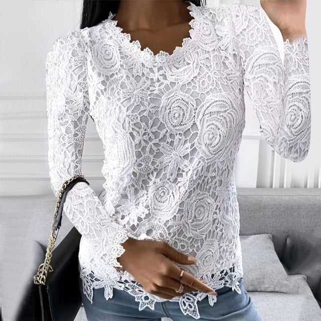 Jsaierl 2024 Automne Chemises en Dentelle pour Femmes Manches Longues Blouses Unies Confortables Col Rond Chandail Décontracté Mode Hauts pour Dames