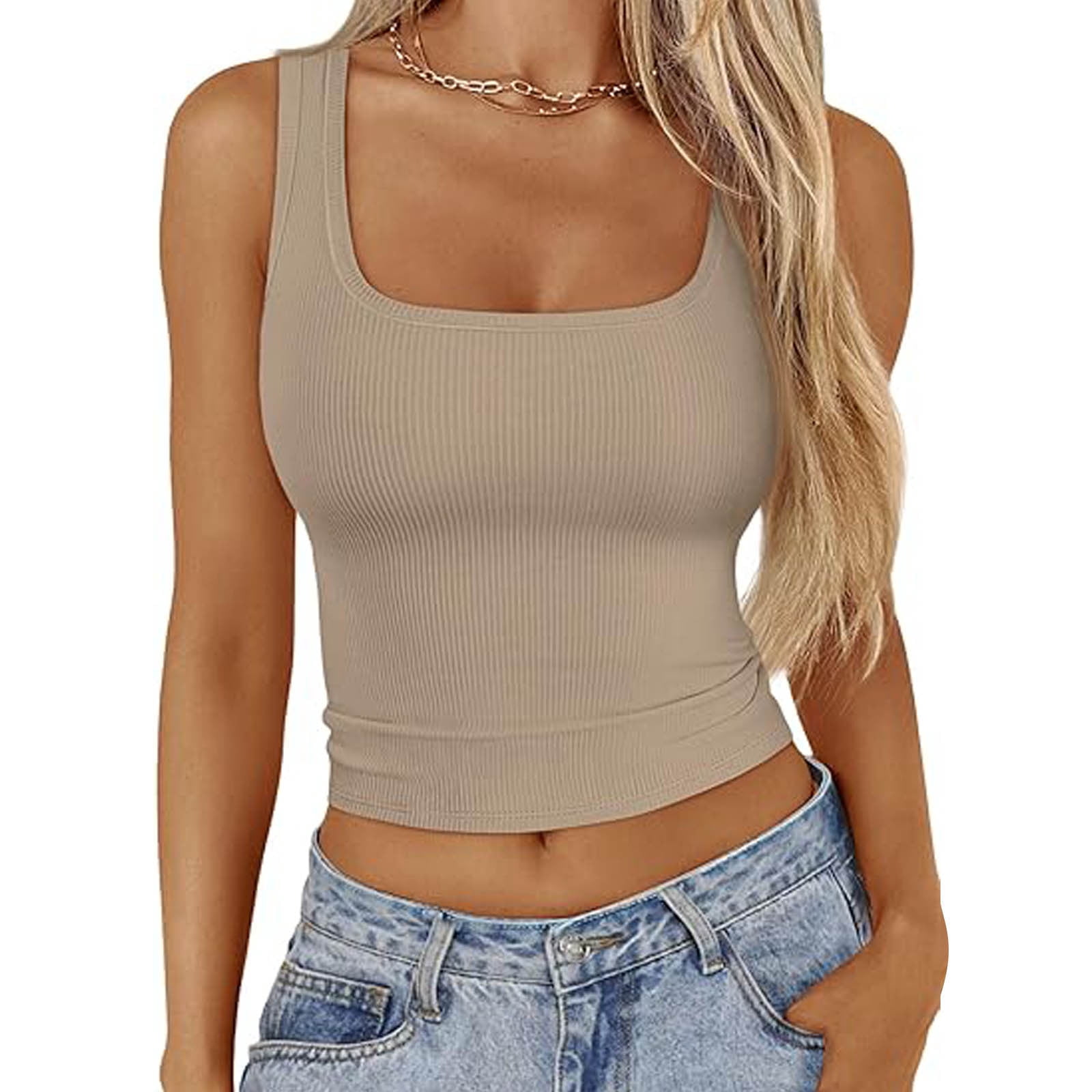 UPPADA Womens Shapewear Tank Top with Built In Bra Seamless Body Shaper Slimming Compression Camisole Tank Tops Seamless Cami Tank Top Stretch Comfy Soft Base Tees Khaki,S