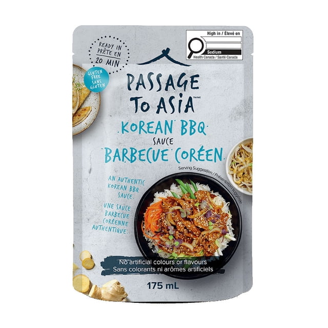 Passage To Asia - Korean BBQ Sauce (175ml) pouch with gray textured background, featuring a serving suggestion of Korean BBQ stir fry with rice, carrots, and green beans in a black bowl, labeled gluten-free, no artificial colours or flavours, ready in 20 minutes, and high sodium per Health Canada, ideal for quick stir fry meals.