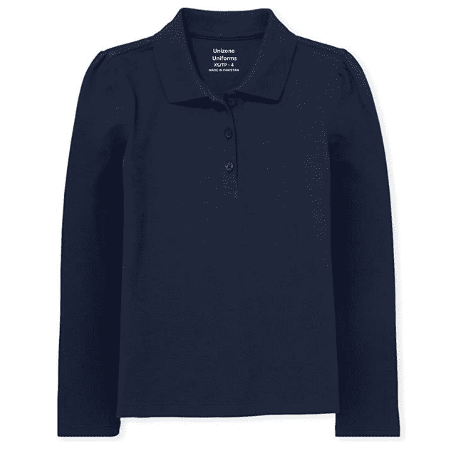 Unizone Uniforms Polo à Manches Longues pour Filles, Taille Moyenne et Couleur Bleu Marine. Fabriqué en Mélange de Coton Respirant, Ce Chandail Présente un Col Polo Classique, une Patte de Boutonnage à Trois Boutons et des Manches Longues. Convient aux Uniformes Scolaires Ou aux Tenues Décontractées.