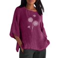 thumbnail image 2 of Pxiakgy Chemises pour Femmes Été Manches 3/4 Col Rond Imprimé Floral Haut Ample T-Shirts Tunique en Lin Décontractée Blouse Violette + TTG, 2 of 4