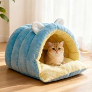 Semi-Enclosed Cat & Dog Bed Solid Color Tree Hole Design, Xinsrenus Warm Cozy Bed for Small Medium Dogs Cats, Soft Cotton Pet Shelter for Indoor Living Room Bedroom with Thick Padding, Blue