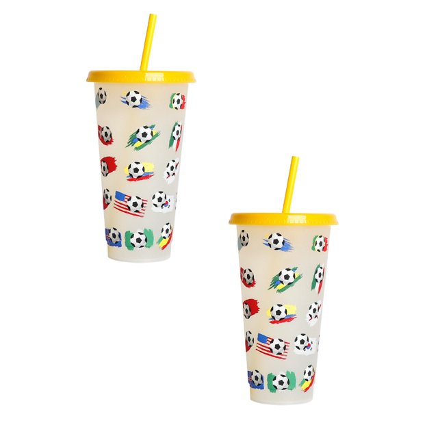Oleegame 2PC Glass Bottle Creative Water Cup Football Cup PP Plastic Straw Cup Football Plastic Transparent Straw Cup 710ml Cold Change Temperature Sensitive Plastic Cup