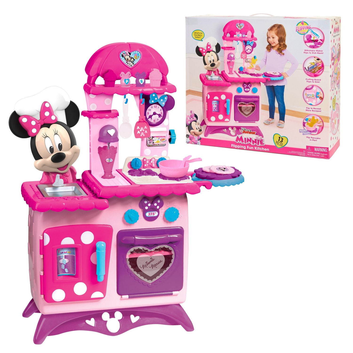 Disney Junior Minnie Mouse Flipping Fun Pretend Play Kitchen Set, Play Food, Realistic Sounds