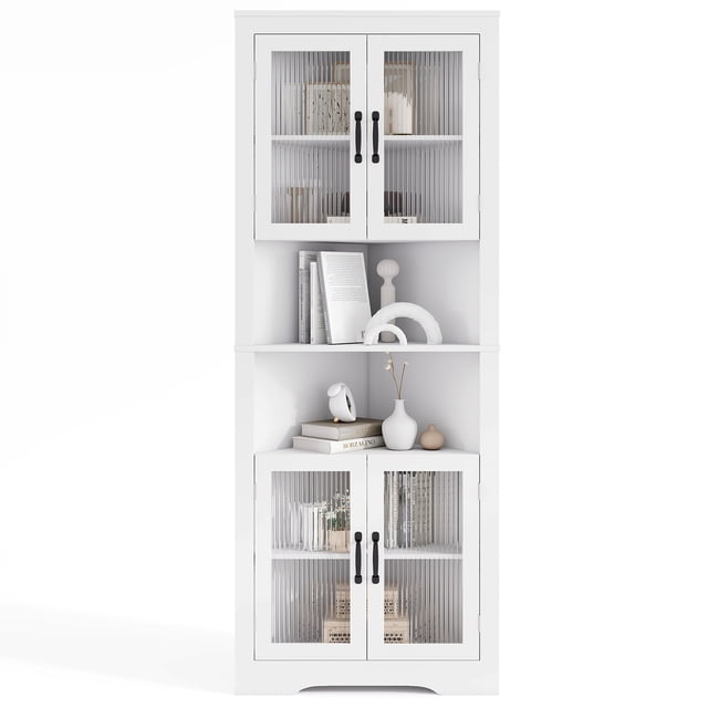 Patiojoy 67'' Tall Corner Cabinet Space-saving Triangular Buffet Cabinet w/ 4 Tempered Glass Doors
