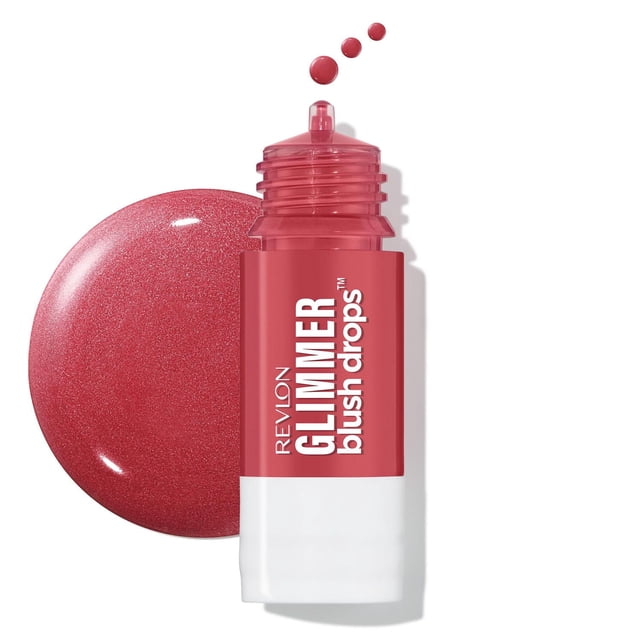 Glimmer Blush Drops™, Liquid Blush Drops by Revlon with a precision dropper releasing three drops of hydrating, serum-like pink blush beside a large swatch of the same glowy, lightweight blush on a white background, ideal for smooth blending and a natural finish.