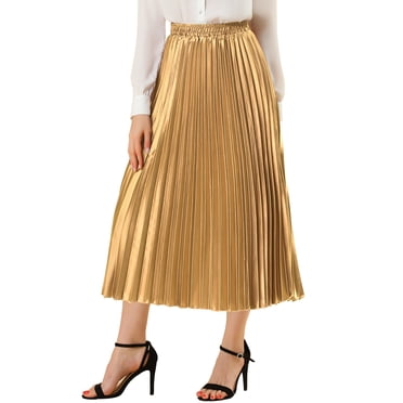 Unique Bargains Jupe Midi Plissée Accordéon Métallisée à Taille Élastique pour Femme, Or, 3X-grande