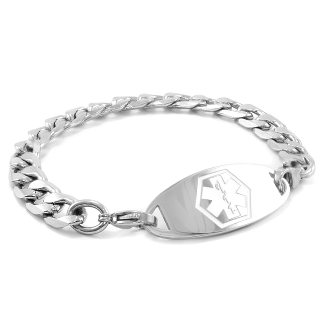 MedicEngraved Bracelet à Maillons Gourmette 9 mm en Acier Inoxydable 316L Chirurgical avec Étiquette Médicale en Émail - Gravure Médicale Incluse
