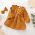 thumbnail image 4 of Toddler Baby Girl Fall Spring Dress Corduroy High-Waist Ruffle Buttons Princess Dress With Bow Headband, 4 of 7