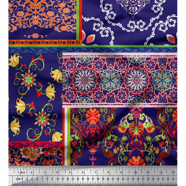 Soimoi Rayon Crepe Fabric Floral & Damask Patchwork Decor Fabric Printed Yard 46 Inch Wide