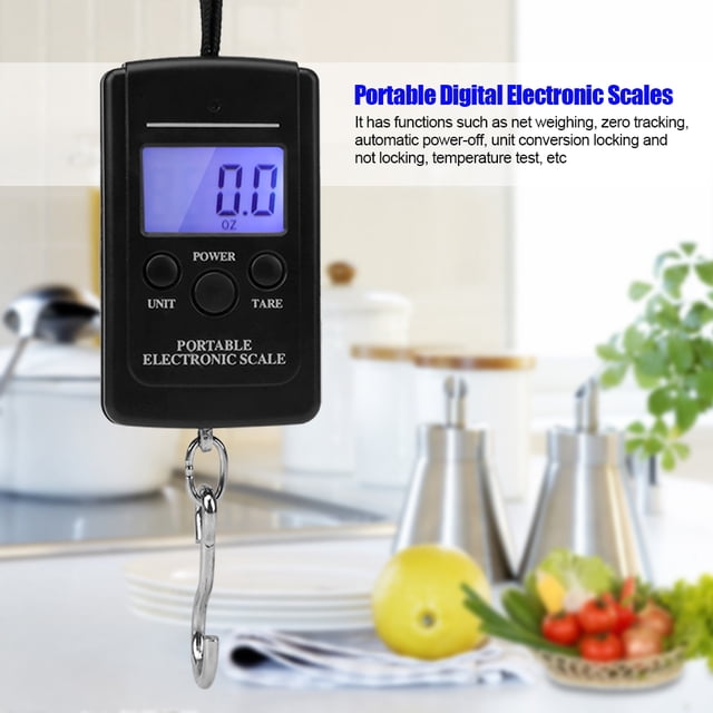 WALFRONT 40KG Portable Digital Handy Scale Electronic Hanging Luggage Scale Weight Measuring Tool displayed in a kitchen setting. The black ABS and stainless steel scale features a blue LED LCD screen with black text, a stainless steel hook, and buttons for power, unit conversion, and tare. It supports multiple units (kg, lb, jin, oz) and has functions like net weighing, zero tracking, automatic power-off, and temperature testing. Suitable for travel, kitchen, and outdoor use.