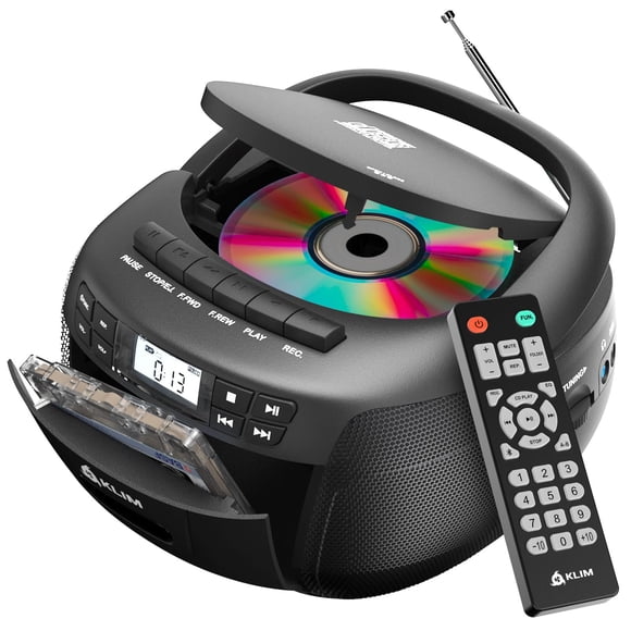 KLIM CD + Cassette Tape Player, Bluetooth CD Boombox, AM/FM Radio, Stereo Sound, Remote, CD and Cassette Player Combo, Tape Recording, USB Drive, AUX