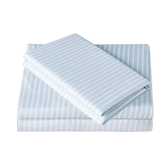 Mainstays Soft, Easy Care, Microfiber Sheet Set – Printed with light blue and white vertical stripes, folded flat and fitted sheets made of double-brushed microfiber fabric, wrinkle resistant and elasticized to fit mattresses up to 14 inches deep, ideal for easy machine washing.