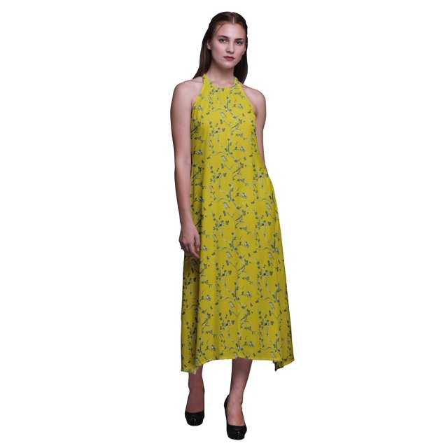 Bimba Robe Dos Nu pour Femmes à Col Licou pour Fête d'Été avec Oiseaux - Grande