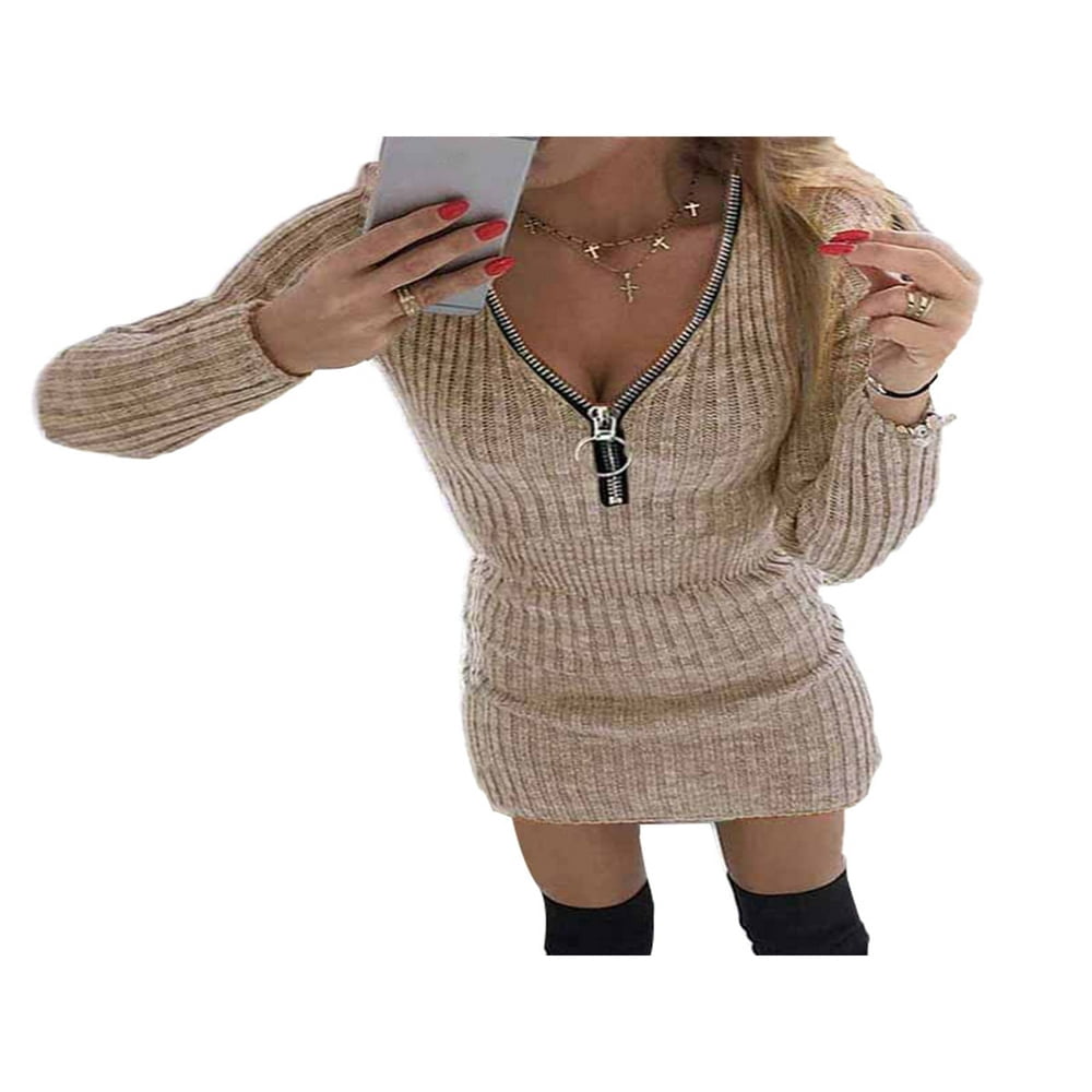 Robe Moulante Tricotée pour Femmes Automne Hiver Couleur Unie Zip Col en V Manches Longues Mini Robe Pull Grande Taille Gris TTTG