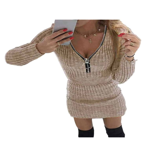 EIMELI Robe Moulante Tricotée pour Femmes Automne Hiver Couleur Unie Fermeture Éclair Col en V Manches Longues Mini Robe Chandail Grande Taille Gris TTTG