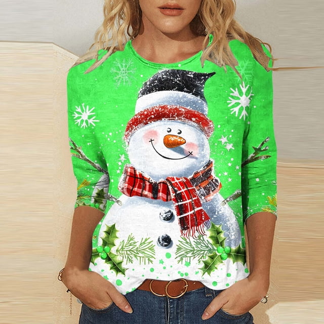 Jienlioq Hauts Grande Taille pour Femmes Mode T-Shirt Décontracté de Noël pour Femmes à Imprimé Col Rond Manches 3/4 Haut Blouse Rabais