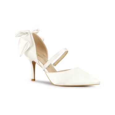 BLISSFUL STEP Chaussures pour Femmes Inspirées Escarpins à Talons Hauts en Satin Décor Nœud Bout Pointu Chaussures à Enfiler Blanc 7