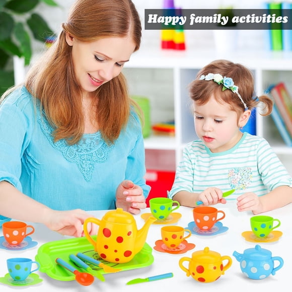 UsTZtai Pretend Play Toy Tea Set 28pc Plastic, Kids Role Play Party Accessories for Imagination Games, Colorful Tea Party Playset