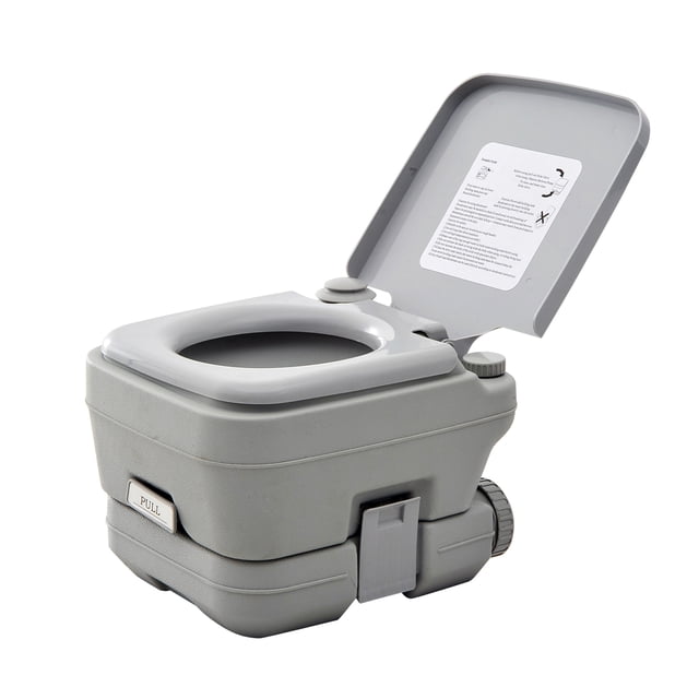 Outsunny Toilette de Voyage Portative pour l'Extérieur avec Réservoir Jetable de 2,6 Gallons (10 L), Illustrée en Gris avec Couvercle Ouvert. Comprend une Fonction à Bouton-Poussoir, une Conception Anti-Éclaboussures et des Réservoirs Amovibles. Idéale pour le camping, la Navigation de Plaisance et les road trips. la Conception Compacte et Autonome Ne Nécessite Aucun Raccordement d'Eau Ni d'Alimentation Externe.