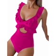 thumbnail image 3 of One Piece Swimsuit for Women Tummy Control Ruffle Bathing Suit V Neck Ruched Slimming Cutout Swimwear Rose Red S, 3 of 7