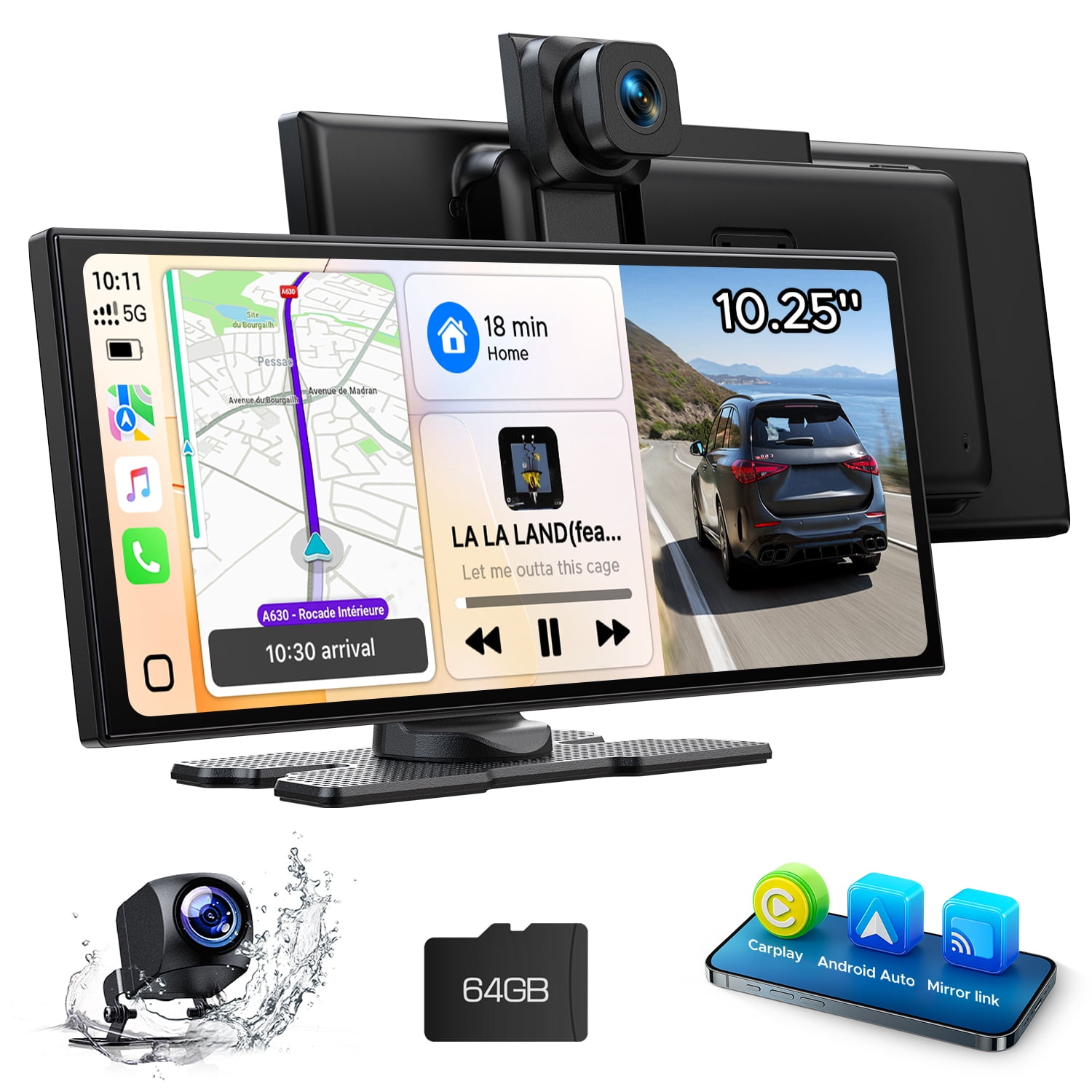 LAMTTO Wireless CarPlay Screen for Car 10.25" Portable Apple CarPlay & Android Auto Touchscreen with 2.5K+1080p Dash Cam, GPS, Bluetooth, AirPlay, Siri, 64GB Card
