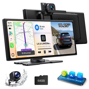 LAMTTO sans fil CarPlay Écran pour voiture 10.25" Pommes portatives CarPlay & Android écran tactile automatique avec 2,5K+1080p Dash Cam, GPS, Bluetooth, AirPlay, Siri, 64GB Carte