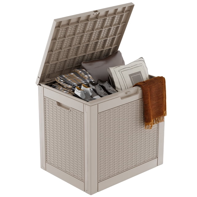 EasyUp 30 Gallon Resin Deck Box, Lockable Patio Outdoor Storage Box for Furniture, Garden Tools and Tools Storage, Waterproof Outside Storage Boxes(Grey Pattern)