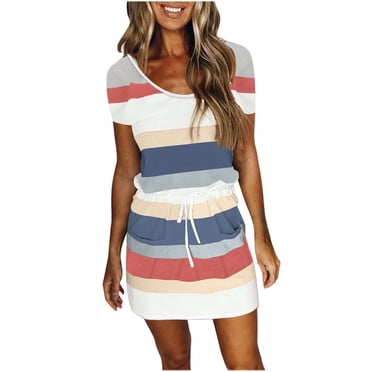 Bigersell Summer Sun Dresses for Women Casual Striped Dress Tie Waist Short Sleeve Scoop Neck Mini Dress with Pockets Evening Party Night Out Short Dresses Beach Sundresses, Navy XL