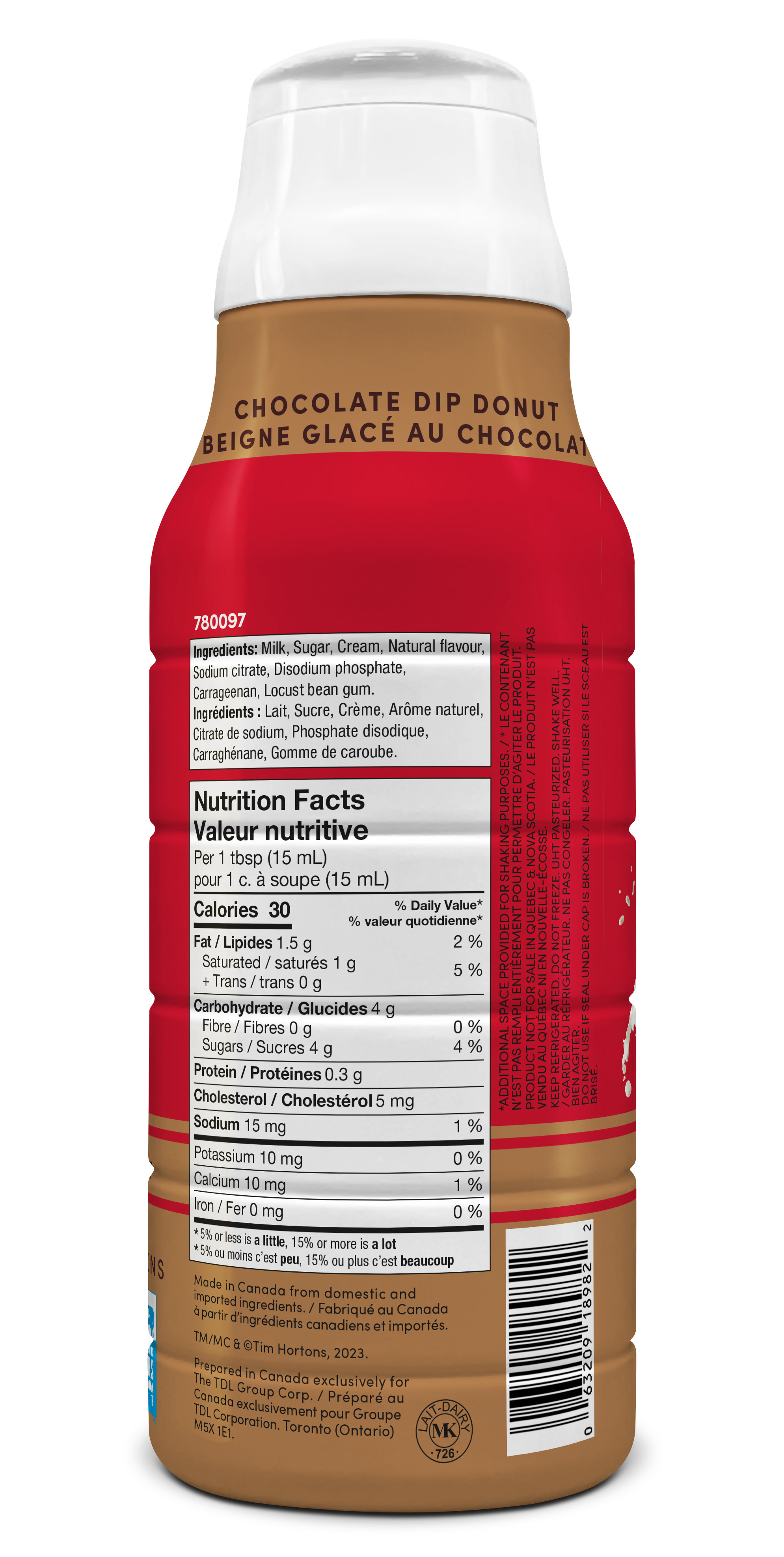 Crémier à café saveur beigne glacé au chocolat Tim Hortons, produits laitiers canadiens, 750 mL