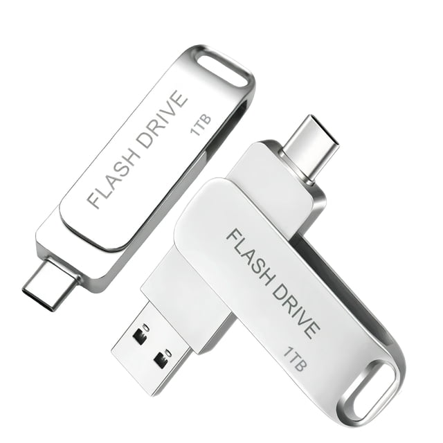 Dual USB Flash Drive 1TB/1000GB 2in1 Thumb Drive for Android, Tablet, and PC by MAOLAI. High-speed flash drive with a sleek silver metal design, dual interfaces (USB and Type-C) for cross-system data transfer, and secure storage expansion. Compatible with Windows, Android, and Mac OS devices.