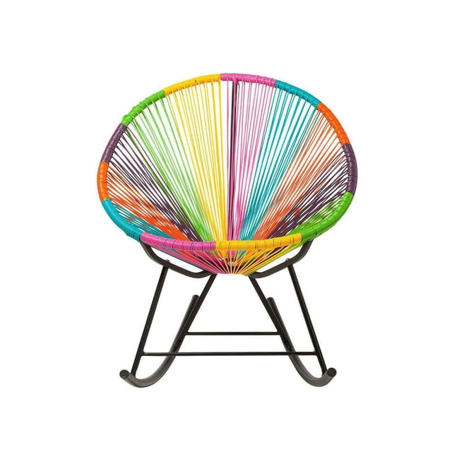 Costa Rocker Lounge Chair in Pink with a multicolour oval wire seat of plastic cords in yellow, green, purple, orange, blue, and pink, supported by a black metal rocking frame, ideal for indoor and outdoor nursery or patio use, measuring H34.5 x W28.5 x D32.75 inches.