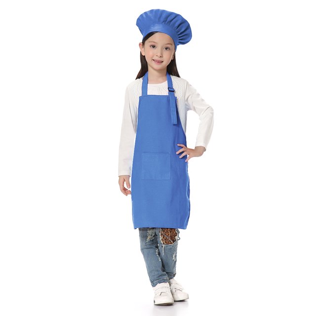 TOPTIE Kids Apron and Chef Hat Set, Adjustable Cotton Child Cooking Kitchen Apron, S-XXL-Blue-S