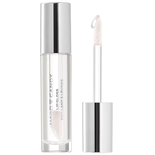Hard Candy Glosstopia Lip Gloss with hyaluronic acid, clear high-shine hydrating lip gloss in a transparent tube with silver cap and jumbo cushion applicator showing a drop of gloss, suitable for smooth, non-tacky lip hydration and everyday shine.