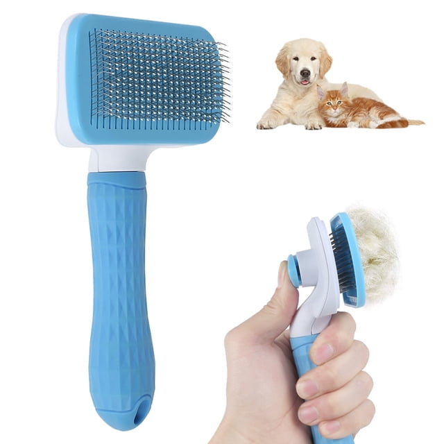 CNKOO Brosse Peigne pour Chien avec Poignée Ergonomique Bleue et Aiguille Autonettoyante. la Brosse a des Poils Métalliques Fins pour un Toilettage Efficace et un Mécanisme de Peignage à une Touche pour un Enlèvement Facile des Poils. Convient aux Chiens et aux Autres Animaux de Compagnie, Offrant une Expérience de Toilettage Douce et Confortable Sans Gratter la Peau.