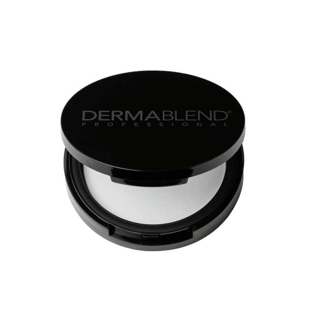 Dermablend Compact Setting Powder in a sleek black compact with translucent powder visible inside. This portable setting powder locks in makeup for up to 16 hours, ensures smudge and transfer resistance, and mattifies complexion with sheer translucence.