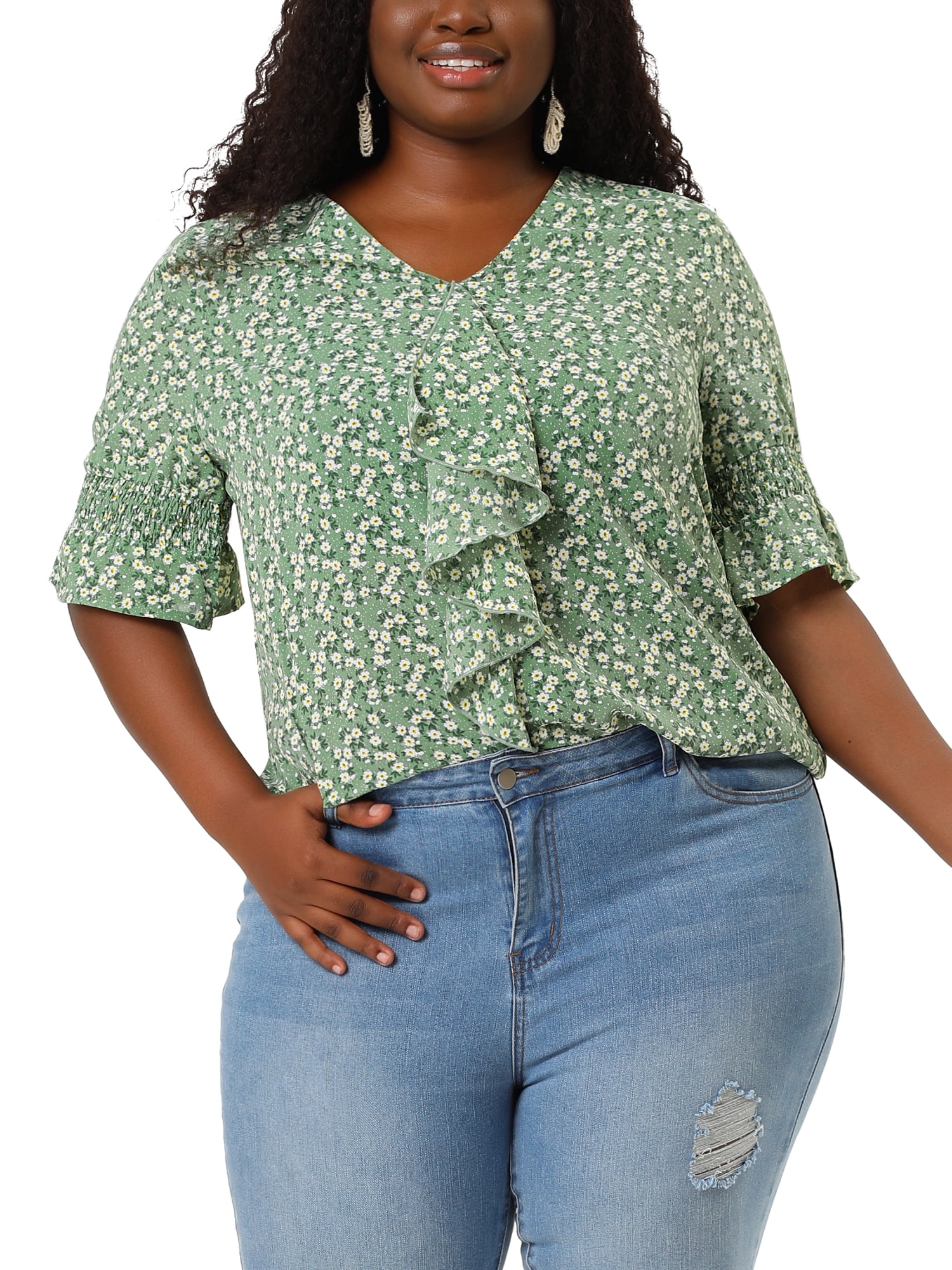 GRACE & GRANDEUR Women's Plus Size Blouse Ruffle Front Smocked Sleeves V Neck Solid Casual Tops 4X White Green