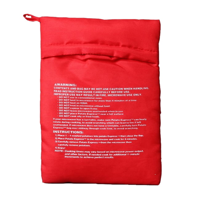 Microwave-safe baking bag for potatoes, sweet potatoes, and corn, made of durable, high-quality materials. Features a vibrant red color with printed instructions for safe use. This reusable kitchen accessory reduces cooking time compared to traditional oven methods and is easy to clean.