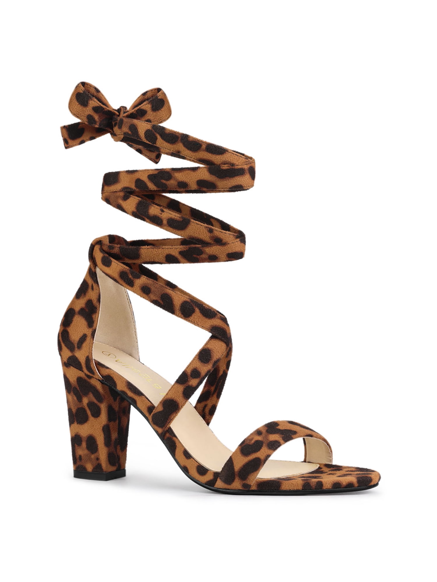 BLISSFUL STEP Women's Sandals Solid Color Mid Block Heels Lace up Sandals Leopard 8
