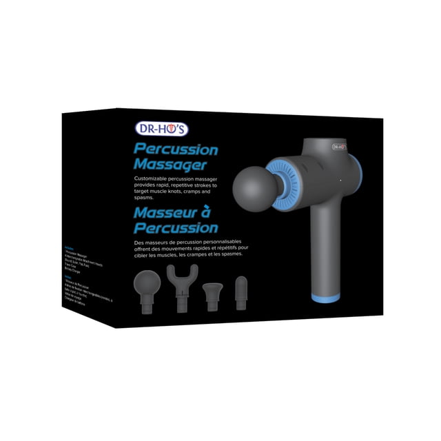 DR-HO'S Masseur par Percussion dans Son Emballage, Présentant un design Portatif avec accents Bleus et une Prise en Main Confortable. la Boîte Met en Valeur Ses 4 Accessoires de massage Faciles à Nettoyer, 3 Vitesses Réglables avec Indicateur DEL, et Étui de Voyage Protecteur. Idéal pour la Thérapie par Percussion pour Soulager la tension Musculaire, les Crampes et les Spasmes.