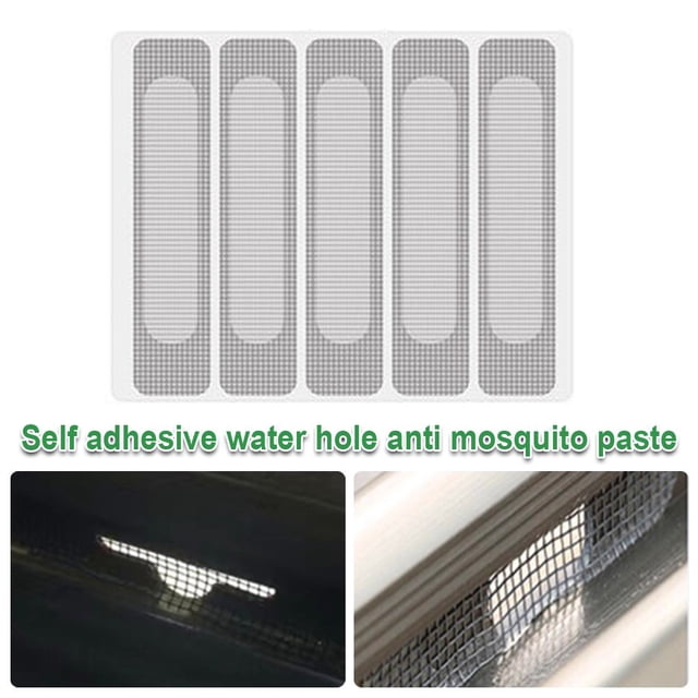 Couvre-trous de Fenêtre pour Écran Patch Adhésif pour Écran de Fenêtre Kit de Patchs pour Trous (50 Pcs) Comprenant Cinq Patchs Rectangulaires en Maille de Fibre de Verre avec Endos Adhésif. les Patchs Sont Conçus pour Réparer les Petits Trous et Fissures dans les Moustiquaires de Fenêtre et de Porte, Empêchant les Insectes et les Moustiques D'Y Entrer. l'Image Montre Aussi des Exemples de Patchs Appliqués aux Zones d'Écran Abîmées, Montrant Leur Efficacité à Étancher les Déchirures. Convient à une Utilisation Intérieure et Extérieure