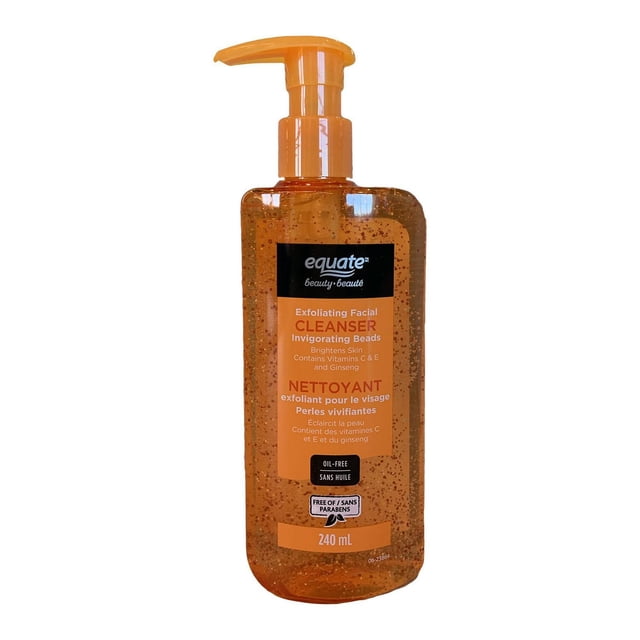 Equate Beauty Exfoliating Facial Cleanser in a clear orange pump bottle with visible exfoliating beads, formulated with vitamins C and E and ginseng to brighten skin, oil-free and paraben-free, 240 mL face wash suitable for daily use.